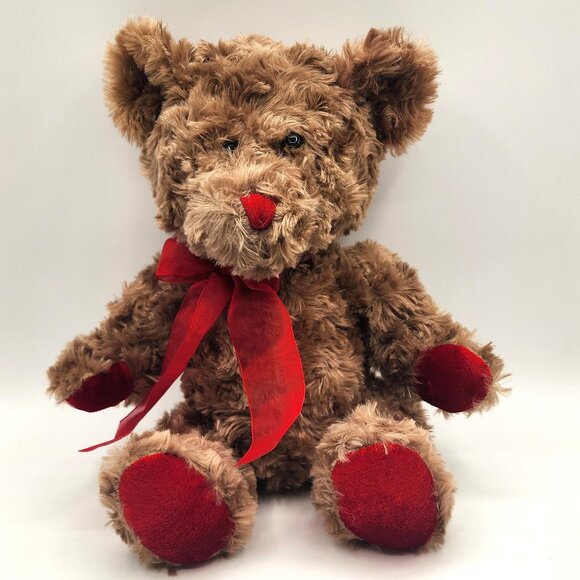 DAN DEE Vtg. Collector's Choice Brown Stuffed Bear Red Bow Paws Dual Texture 13" - Picture 1 of 8